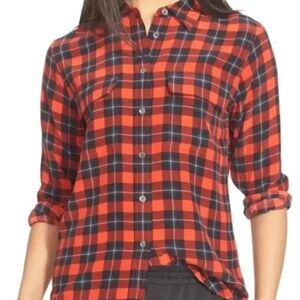 Equipment Femme | 100% Silk Reese Plaid Print Button Down Shirt Red & Black Top